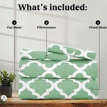 Lux Decor 4 Pieces Quatrefoil Bed Sheets - Stylish Comfy Bedding Set - Hotel Luxury Skin Friendly Cooling Sheets & Pillowcases Without Filler - Classic Collection With 16 Inches Deep Pocket - Shrinkage & Fade Resistant, Valentine's Day Bedroom, Spring Bedding Refresh, Guest Room Essentials, Dorm Room Bedding, Premium Bed Linens, Easy Care Sheets, Hypoallergenic Fabric, Year-Round Comfort, Master Bedroom Update, Matching Bedding Set, Hotel Quality Linens - 鼠尾草和白色 - 查看 6