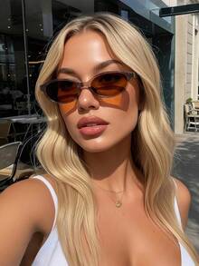 1副复古椭圆形镜框女士眼镜，简约百搭时尚眼镜 - 透深茶茶片 - 查看 2