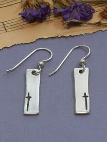 哥特式十字架雕刻方形吊坠耳环，手工饰品，女士饰品，适合旅行和度假佩戴，朋友生日礼物 - 復古銀色 - 查看 1
