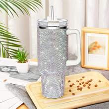 New 40oz Insulated Water Bottle With Handle, Straw, And Lid; Rhinestone-Studded; Stainless Steel; Double-Walled Travel Mug; Can Be Attached To A Car Cup Holder; Suitable For Women; Ideal For Outdoor Camping; Large Size; Makes A Great Holiday Gift For Friends. - 40盎司 - 查看 15