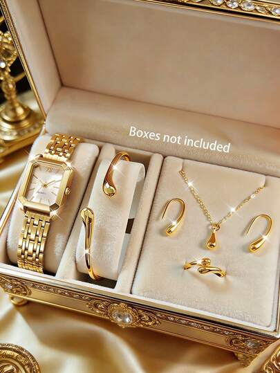 6pcs Teenage Watch Set - Gold Strap, Stainless Steel Dial Design Quartz Watch With Necklace, Bracelet, Ring, Earrings, Best Birthday Gift For Her, Suitable For Daily Wear, Parties, Halloween, Christmas