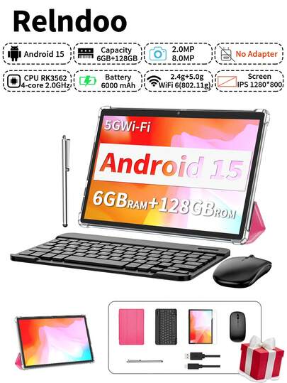 Relndoo 2026新款安卓平板电脑，配备键盘和鼠标，安卓15系统，二合一平板电脑，10英寸平板电脑，带笔记本电脑保护套、手写笔、数据线，RK3562四核2.0GHz处理器，(6GB+20GB)内存+128GB存储，200万像素+800万像素双摄像头，1280*800像素高清触摸屏，6000mAh电池，支持1TB SD卡扩展，802.11n 2.4G/5G无线网络，GPS，认证平板电脑（不含适配器）-粉色