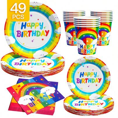Cloud Rainbow Happy Birthday Disposable Plate, Napkin, Cup Set, Plates, Napkins And Cups Party Supplies, Serves 8 Guests, Disposable Paper Plates Party Tableware Suitable For Birthday, Wedding, Theme Party, Family Picnic