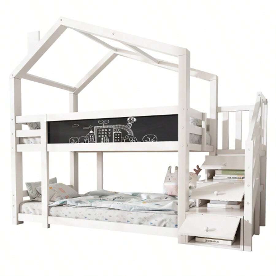 (=891234AAW) Children's Cabin Bed 90 X 200 Cm, Bunk Bed With Fireplace, Storage And Fall Protection, White, Slatted Base Included (Mattress Not Included) - White - View 1