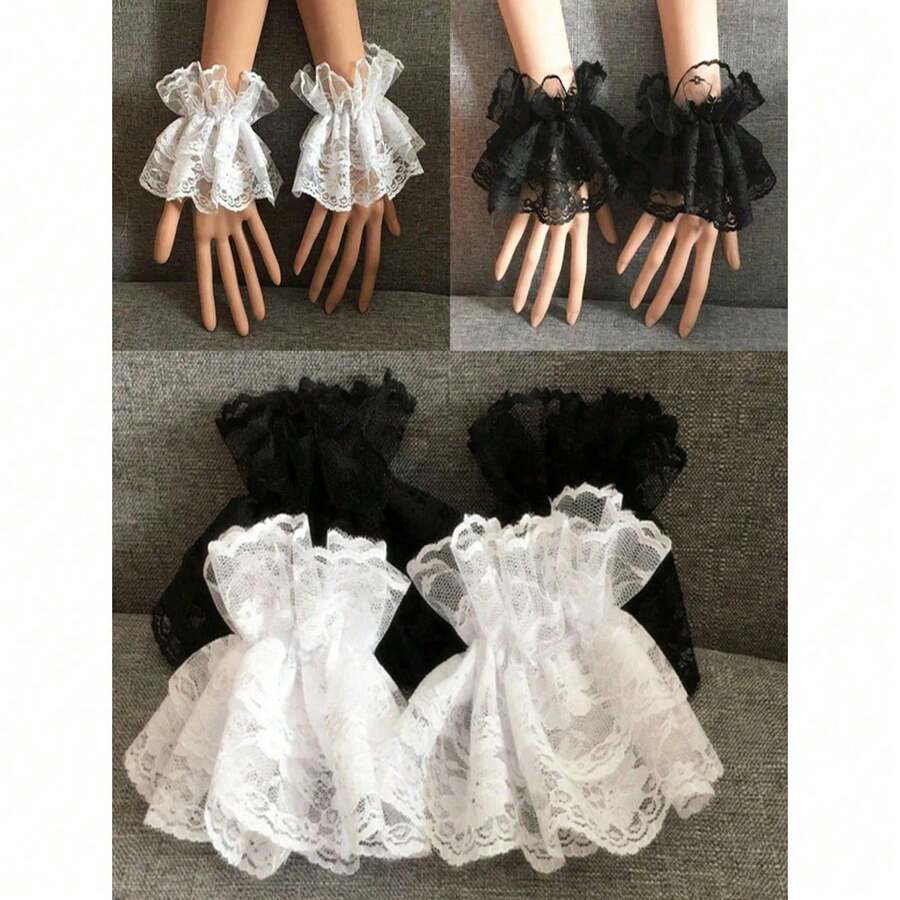 1 Pair Lolita Style Lace Ruffle Wrist Cuffs, Women's Party Dress Accessory, Fingerless Black & White Lace Wrist Sleeves Decor - 彩色 - 查看 1