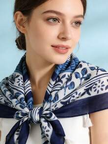 1pc Women's Headscarf, Blue & White Porcelain Wave & Geometric Pattern Balinese Chiffon Tassel Shawl - Multicolor - View 3