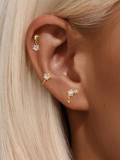 Pendientes de aro abrazador de estrella de plata de ley 925 para mujeres, pendientes de botón chapados en oro de 18 quilates para mujeres, pendientes de cartílago hipoalergénicos para múltiples perforaciones, conjunto de joyas de pendientes pequeños y delicados apilables