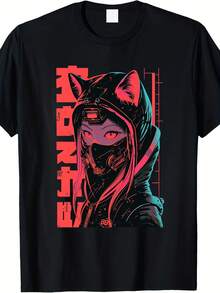 Men's & Women's Cyberpunk Anime Harajuku T-Shirt With Furry Cat Ear & Mask Accessory - Neon PinkPurple Graphic, Loose Fit Pure Cotton Tee For, Parties, Casual Wear ( & Neon Print) - Unisex For All-Season Comfort - Đen 5 - Xem 1