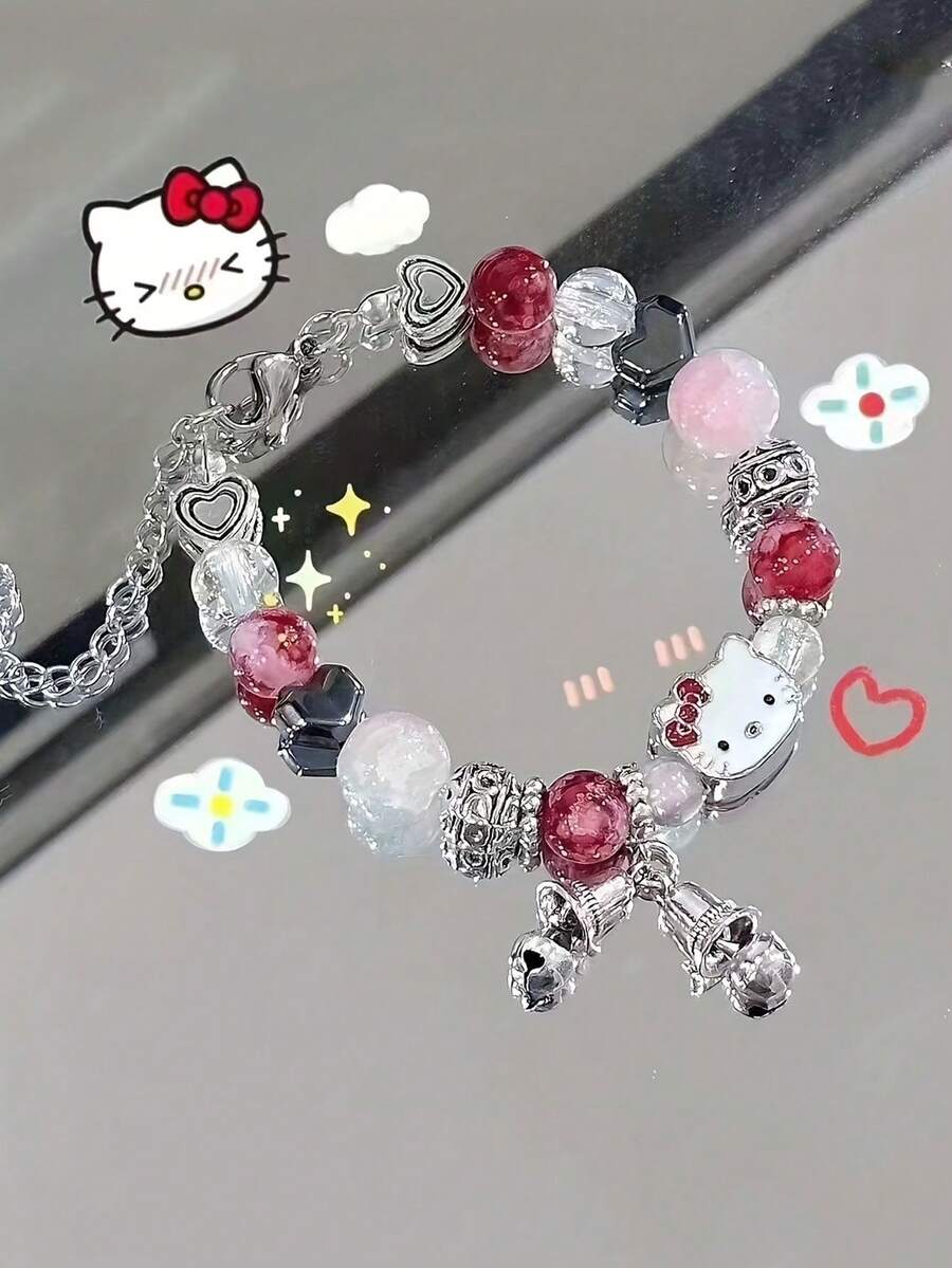 1pc Pink Kitty Beaded Bracelet, Fashionable Dopamine Cat Bell Charm Bracelet, Cartoon Bracelet, Ideal Gift For Best Friend Or Girlfriend, Lucky Charm Bracelet - Multicolor - View 1