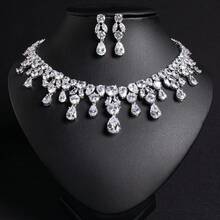 3 pièces/Set Ensemble de bijoux, options multicolores, Ensemble de bijoux pour femmes, Accessoires, Ensemble d'accessoires, Collier en diamant, Pendentif, Bijoux, Collier, Boucles d'oreilles, Gland, Larme, Ensemble de bijoux, Bijoux pour femmes, Mariage, Accessoires de mariage, Convient pour les femmes/mariées/demoiselles d'honneur/fêtes/mariages/banquets, Cadeau de la Saint-Valentin - Ensemble de bijoux - Voir 4