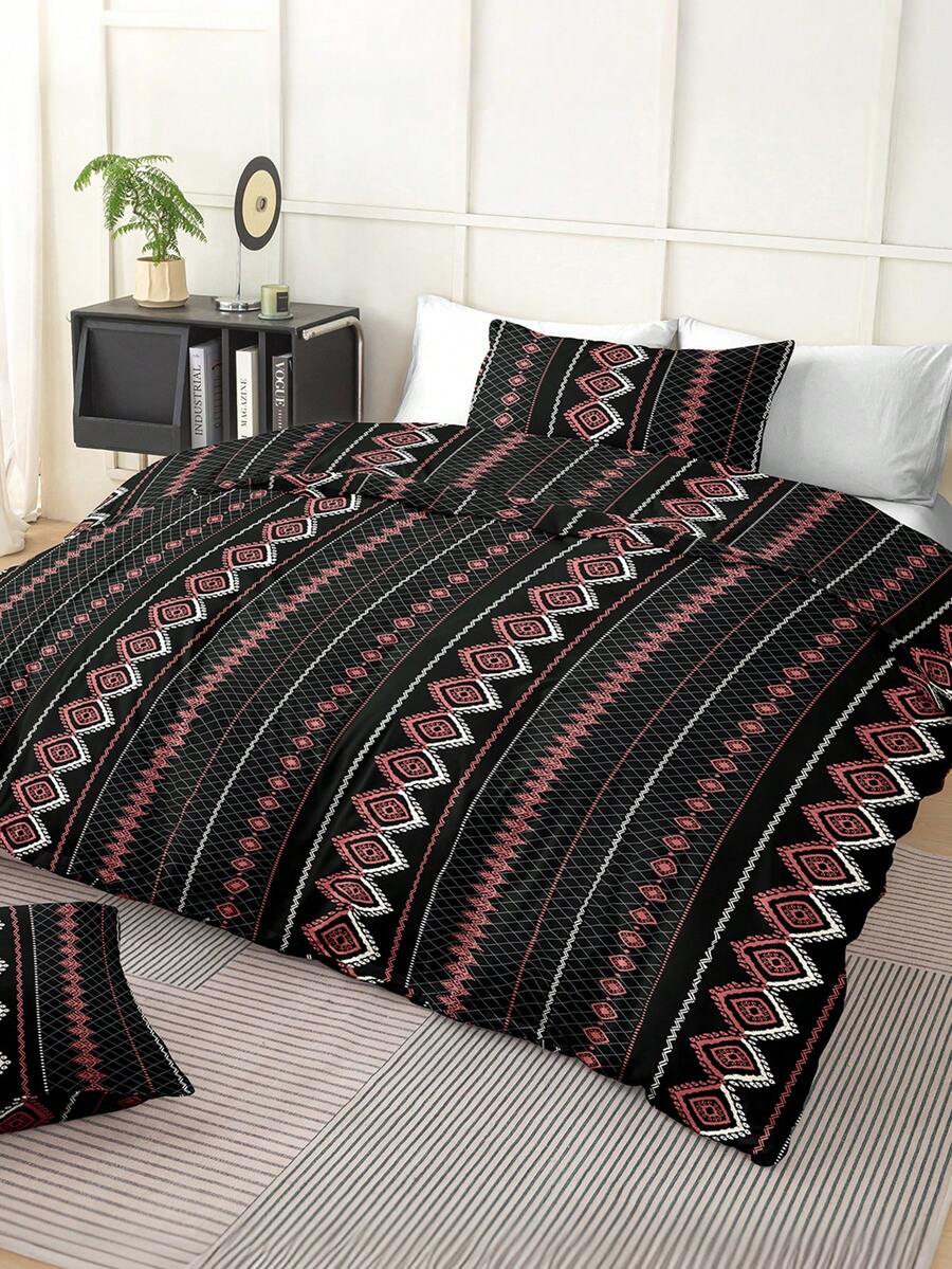 三件套条纹菱形拼接印花被套，超柔软透气超细纤维面料，四季皆宜，可机洗，防褪色/起球/缩水/起皱，适合波西米亚复古风卧室，适用于特大号/大号/标准双人床，是居家、宿舍、公寓、酒店、度假屋和送礼的理想之选。 - 彩色 - 查看 1