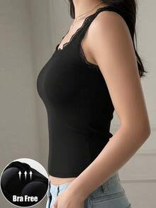 1pc Women Casual Comfortable Lace Patchwork Round Neck Camisole, Slim Fit Ribbed Sleeveless Solid Color Tank Top, Suitable For All Seasons - Black - View 3