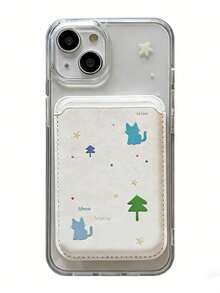 1pc Transparent Magnetic Adsorption Phone Case With Tree & Cat Design + Magnetic PU Leather Card Holder, Shockproof Phone Protective Cover Compatible With IPhone 11/12/13/14/15/16/17/Pro Max - Clear - View 2