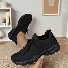 2026 New Style Women's Casual Sports Shoes Solid Color Lace-Up Slip-On Wear-Resistant Eva Insole Women's Tennis Shoes Indoor Exercise Outdoor Hiking Autumn And Winter Women's Shoes - Black - View 2