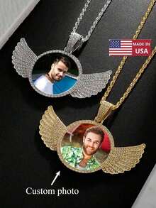 1 Customized Personalized Circular Photo Necklace With Wings, Customized Photo Pendant Personalized Jewelry, Christmas Gift - 彩色 - 查看 1