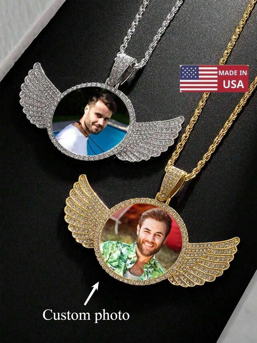 1 Customized Personalized Circular Photo Necklace With Wings, Customized Photo Pendant Personalized Jewelry, Christmas Gift - 彩色 - 查看 1
