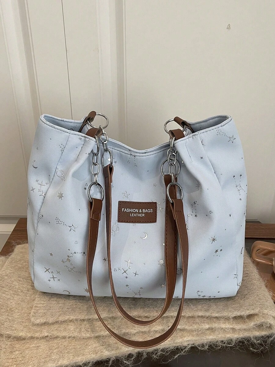 时尚条纹手提包 - 女士大容量单肩包 - 拉链托特包，适合日常使用 - 简约链条单肩托特包，适合青少年女孩、大学生、职场新人及白领，完美适用于办公室、工作、商务、通勤，闪亮亮片图案，是女士最佳工作包之选。