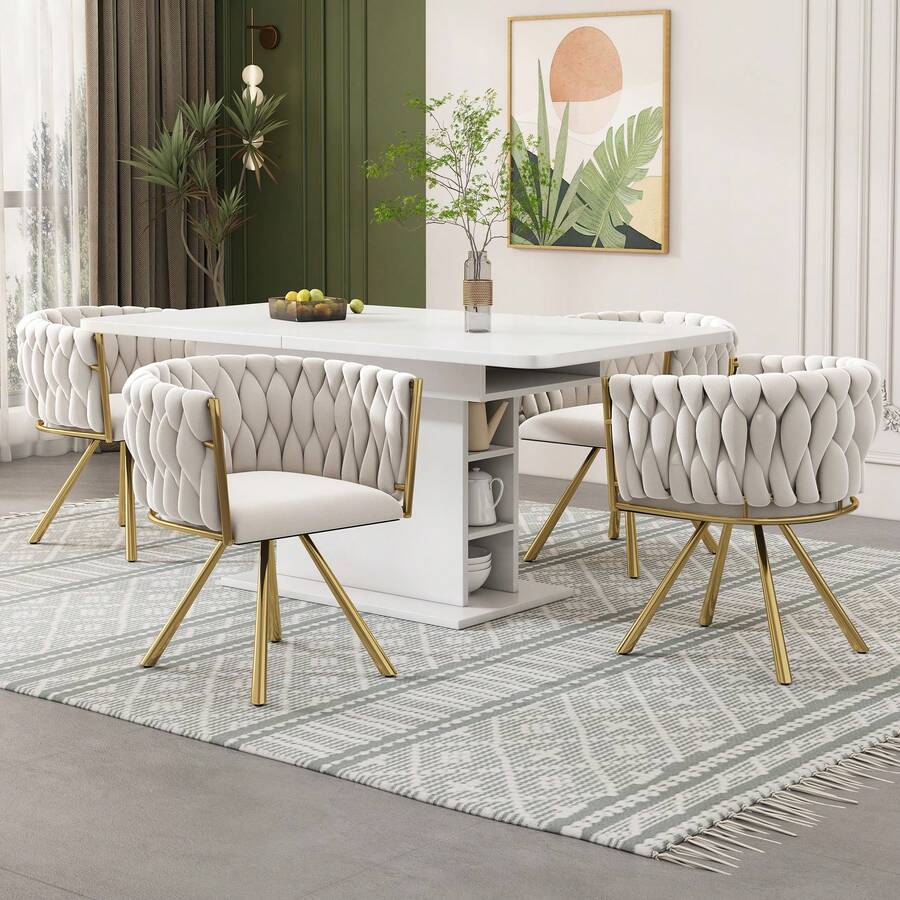 Velvet Lounge Chairs, Dining Chairs Set Of 4 Pieces, Living Room, Bedroom, Dining Room With Four Metal Support Legs, Beige, Grey. - Beige - View 1