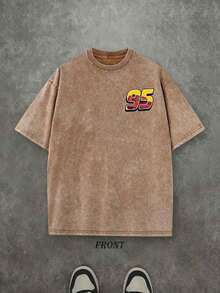 Disney UNIHLO Lightning Mcqueen Printed Summer Heavyweight Retro Washed Street Fashion Casual T-Shirt - Màu nâu  Mocha - Xem 2