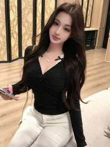 Black Off Shoulder Bowknot Camisole, Unique Design, Slim Fit, Sexy Style, Layering Top For Spring & Autumn - Black - View 5