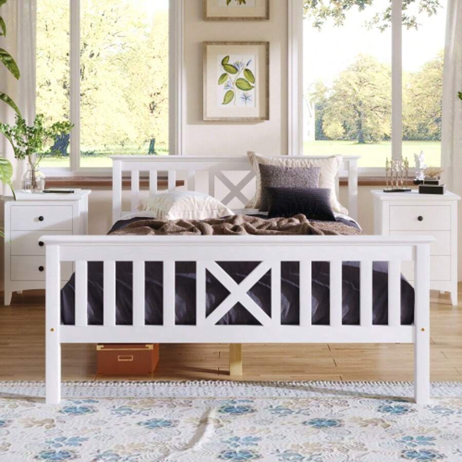Wooden Double Bed Consisting Of A Slatted Base And A Headboard - 140 X 200 Cm, Solid Pine, Children's Bed, Teenager's Bed, White - White - View 1