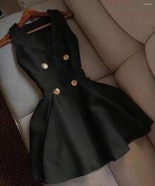 Summer New Women's V-Neck Sleeveless Button Solid Color Pure Short Dress - Black - View 7