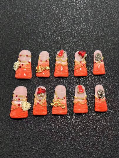 10-Piece Pure Handmade Wearable Nail Pressed Nails 33mm Duckbill Long Nail French Nails Three-Dimensional Modeling Glue Craft Red Love Decoration Embellishment Fashion Versatile Suitable For Women To Wear. There Are Three Sizes To Choose From Suitable For A Variety Of Occasions, Party Ball And Daily Wear