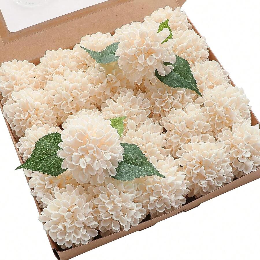 Artificial Dahlia Flowers 25pcs/50/75pcs/100pcs Real Looking Ivory Foam Fake Roses With Stems For DIY Wedding Bouquets White Bridal Shower Centerpieces Floral Arrangements Party Tables Home Decoration - Rượu sâm banh - Xem 1