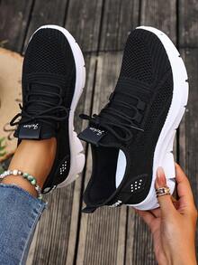 Scarpe da donna in maglia traspirante, scarpe da corsa sportive confortevoli, sneaker da running leggere e alla moda con suola morbida - nero - Visualizzare 3