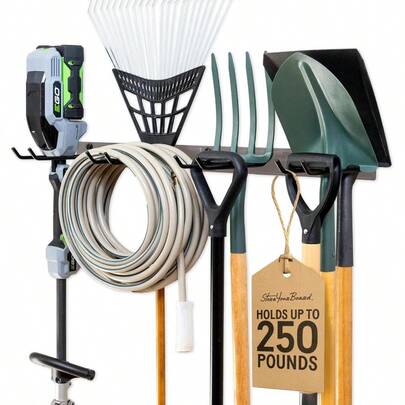 Wall-Mounted Rack With 4 Garage Hooks – Heavy-Duty Steel Holder Garage & Garden Storage For Shed, Workshop, Or Home Organization – For Rakes, Shovels, Tools & More – 1 Pack, Mud