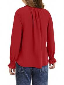 Teen Girls' Casual Blouse - V-Neck Chiffon Shirt With Smocked Cuffs And Long Sleeve - 鮮紅色 - 查看 2