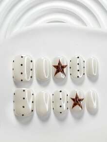 10件套极简主义凝胶美甲套装，包含亚克力美甲贴纸、手绘黑点、棕色五角星、豹纹美甲装饰，适合日常通勤，内含白色指甲油、美甲工具（1张果冻贴纸+1把指甲锉），三种形状可选：方形、杏仁形、短方形，手工制作的按压式美甲贴片。 - 彩色 - 查看 15