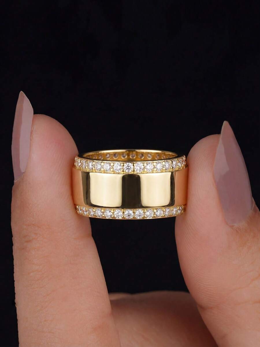 1枚优雅光滑镶钻戒指，925纯银经典款女士戒指，精致女士珠宝礼品，适合日常佩戴和情人节礼物 - 光面鑲鑽戒指 - 查看 1