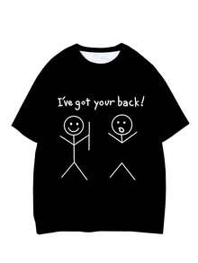 Plus Size Men's Casual Round Neck T-Shirt, Polyester Knit Fabric Comfortable & Breathable, Fashion Casual Cartoon Series " Your Back! Stick Figure" Graphic Print, Streetwear Fresh Design, Novelty Tops - Black - View 2