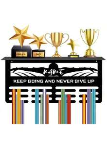 1pc Customized Metal Sports Medal Display Rack - 12 Hooks & Display Platform Can Hold 60+ Medals, Engraved With Name/Event, With "Never Give Up" Inspirational Design Elegant Wall-Mounted Sports Trophy Organizer - Home Decor For Football Honors & Achievements, Medal Hanging Display Rack, Modern Stylish, Perfect Gift For Christmas, Valentine's Day, Mother's Day, And Graduation - Multicolor - View 7
