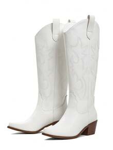 Women Mid Calf Western Boots Festival Embroidered Pointed Toe Chunky Block Heel Pull On Cowboy Boots Cowgirl Retro Hot Riding Shoes - White - View 3