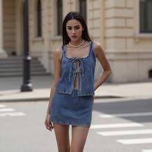 Women's Tie Front Denim Jean Vest Top And Mini Skirt 2-Piece Set Summer Going Out Outfits Clothes - 深藍色-A - 查看 4