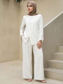 Livesso Women's Round Neck Long Sleeve Split Hem Top And Straight Leg Pants 2 Pieces Casual Set - White - View 3