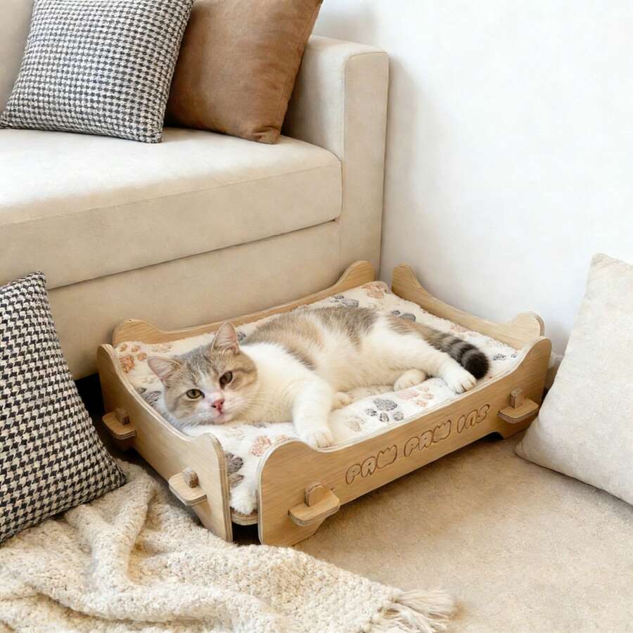 极简风格实木宠物床 | 网红治愈系猫狗床，温馨少女风宠物沙发，可拆卸水洗防粘毛床垫，四季皆宜，适合幼猫、成猫和小型犬，卧室及儿童房宠物家具，易于清洁，防滑稳固猫狗床 - 卡其色 - 查看 1