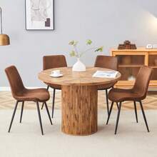 Minimalistic Rundtisch-Set With 1 Tisch And 4 Stühlen.Runder Esstisch Aus MDF Mit 100 Cm Durchmesser In Holzoptik.Combiniert Mit 4 Stühlen Aus Braunem High-Tech-Stoff Und Verbreiterter Sitzfläche. - Redwood - View 4