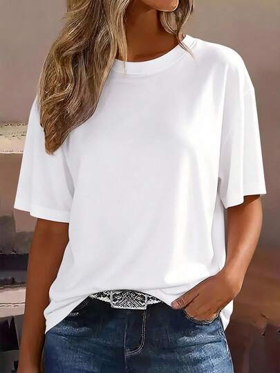 Damen Loose Crew Neck T-Shirt, Uni Farbe Kurzarm Top, weich & atmungsaktiv, vielseitig für täglichen Gebrauch & lässige Sommermode