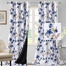 Juego de 2 cortinas 100% opacas 2.74 metros de longitud 2 paneles con estampado floral de Cattleya cortinas térmicas florales para habitación con forro  cortinas a prueba de sonido color azul marino y gris pardo. -009 - Blanco, Azul Marino y Beige - Ver 2