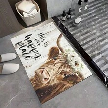1pc Rustic Wooden Cow Shaped Washable Diatomite Mud Mat, Non-Slip Durable Bathroom Doormat - A Cow With Flowers - View 3