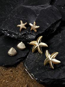 Opalesca 2/6/12pcs Fashionable Metal Feeling Summer Vacation Style Starfish, Seashell, Conch Multi-Element Earrings, Women's Fashion Earrings, Lightweight CCB Material For Daily Wear - Gold - View 1