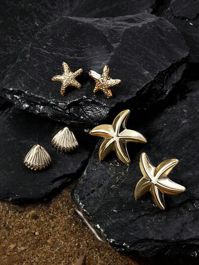 Opalesca 2/6/12pcs Fashionable Metal Feeling Summer Vacation Style Starfish, Seashell, Conch Multi-Element Earrings, Women's Fashion Earrings, Lightweight CCB Material For Daily Wear