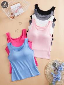 6PCS Multi-Color Modal Women Wide-Strap Casual Vests, Slim Fit With Fixed Built-In Cups, Wireless Bra Tank Tops For Home And Outdoor Use - Multicolor - View 3
