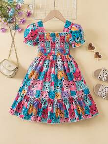Middle Eastern Style Girls Lovely Digital Print Dress, Summer Short Sleeve Thin Fashion Sundress, Cute Animal Princess Dress, Suitable For Girls Outings, Parties, Gifts, Casual Dress - Multicolor - View 2