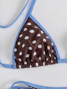 女士新款棕色底白色波点浅蓝色滚边挂脖泳衣套装，复古紧身长腿显瘦，清新复古沙滩波点派对泳装套装 - 棕色 - 查看 5