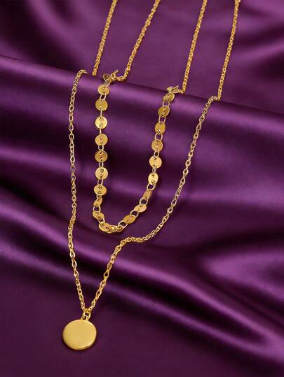 MONALLY 1件18K镀金奢华时尚金色几何圆形双层项链，优雅不锈钢首饰，女士夏季假日旅行海滩派对礼物