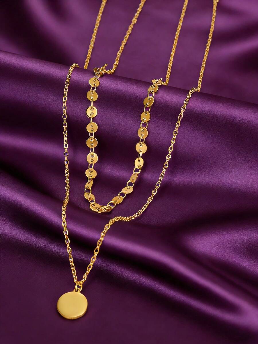 MONALLY 1件18K镀金奢华时尚金色几何圆形双层项链，优雅不锈钢首饰，女士夏季假日旅行海滩派对礼物 - 雙層項鍊 - 查看 1